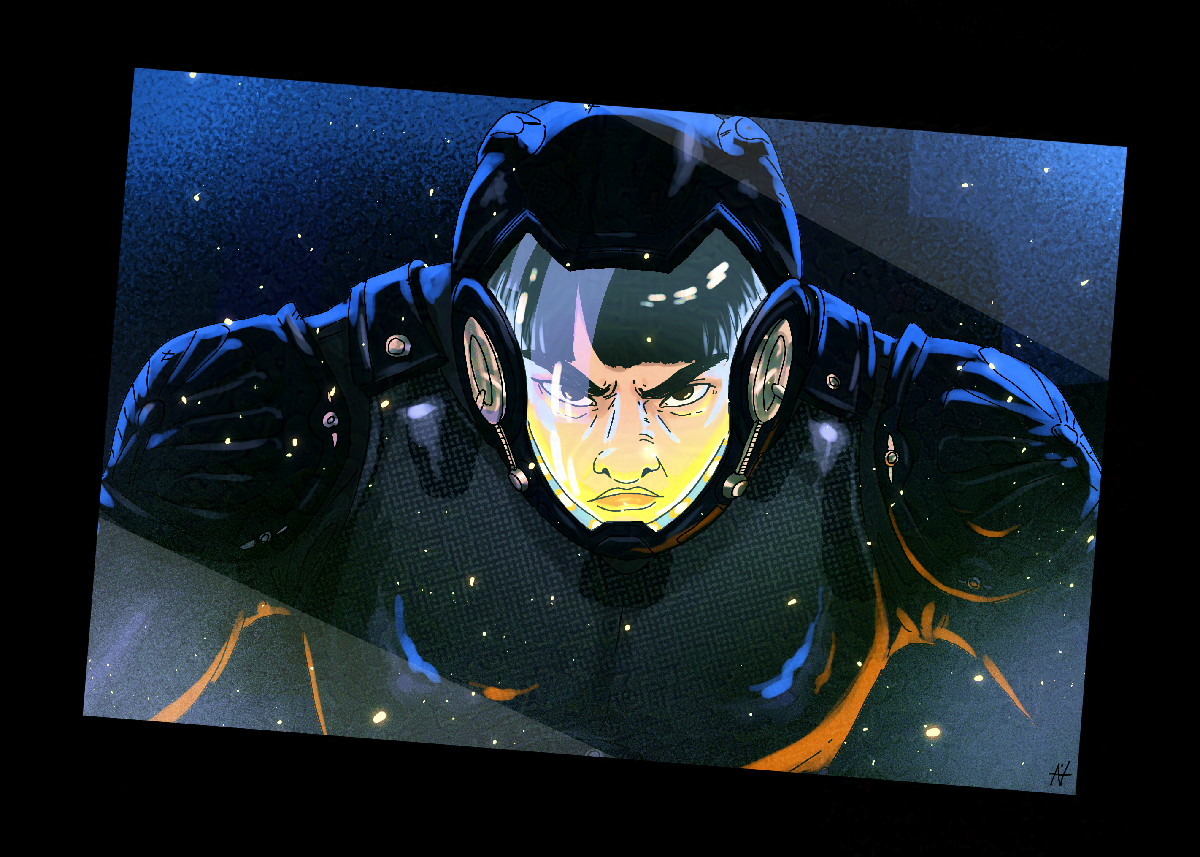 Portrait d'un personnage en armure futuriste l'air déterminé